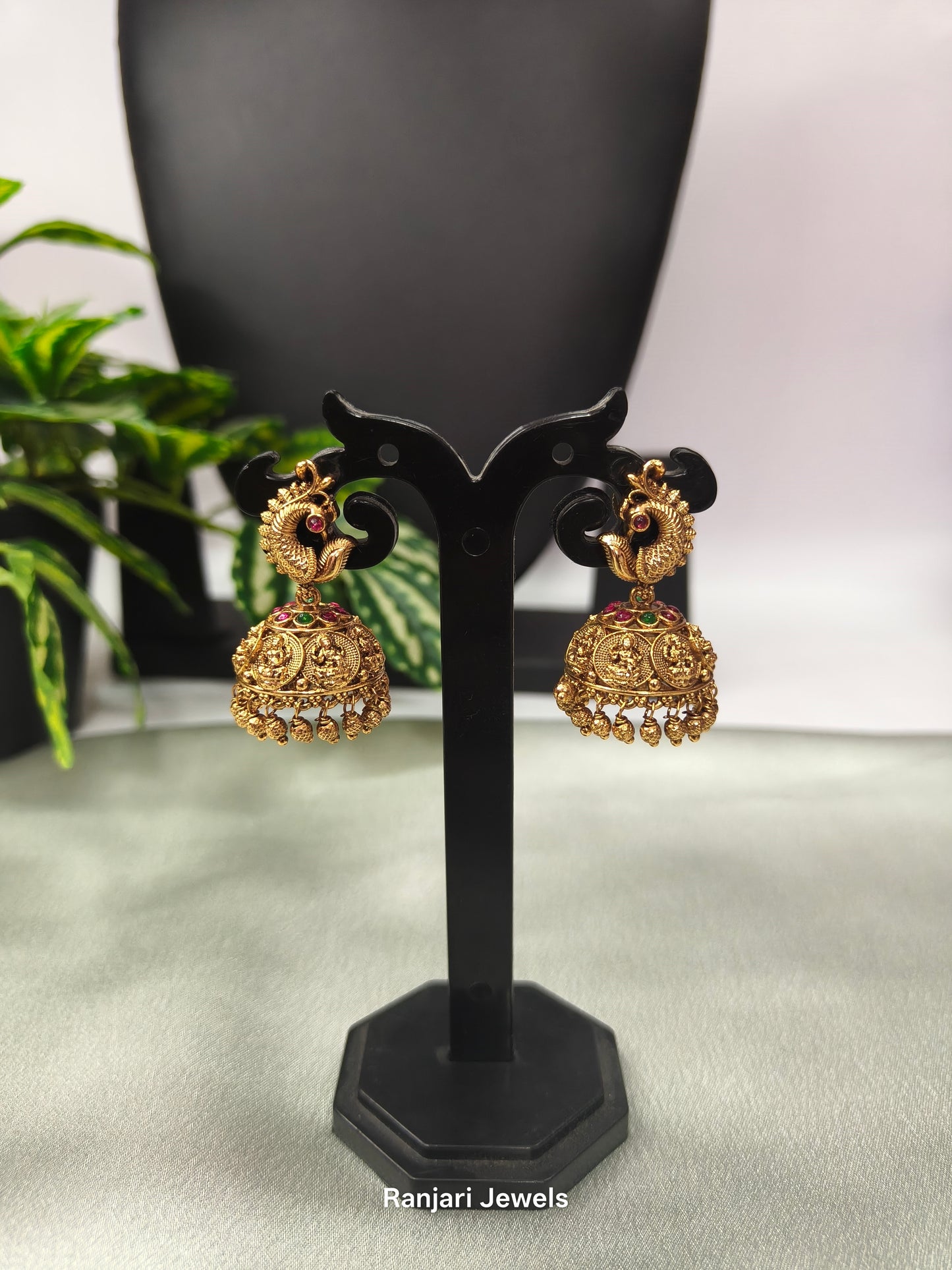 Mayura – Antique Gold Peacock Lakshmi Jhumka Earrings