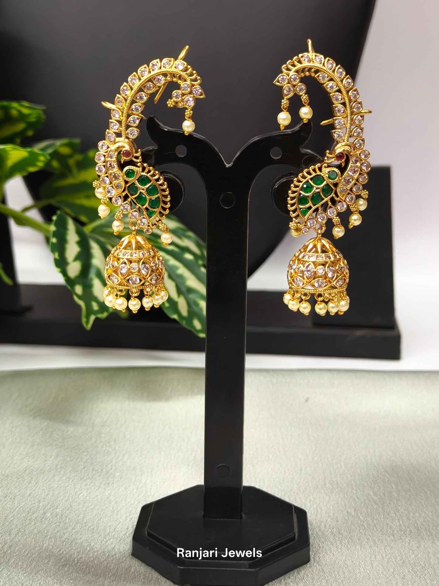 Mayurika – Peacock AD Stone Earcuff Jhumka Earrings