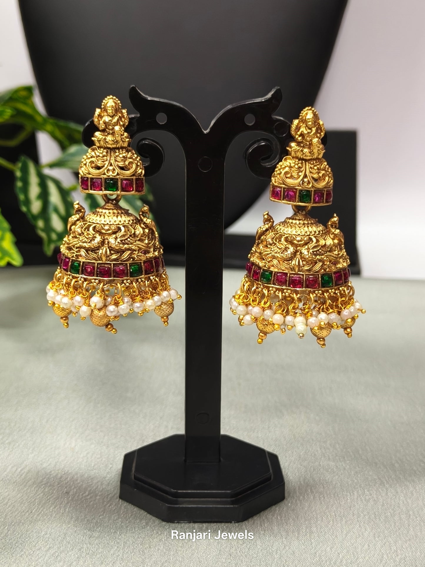 Shivani – Lakshmi Double Dome Kemp Jhumka Earrings with Pearl Hangings