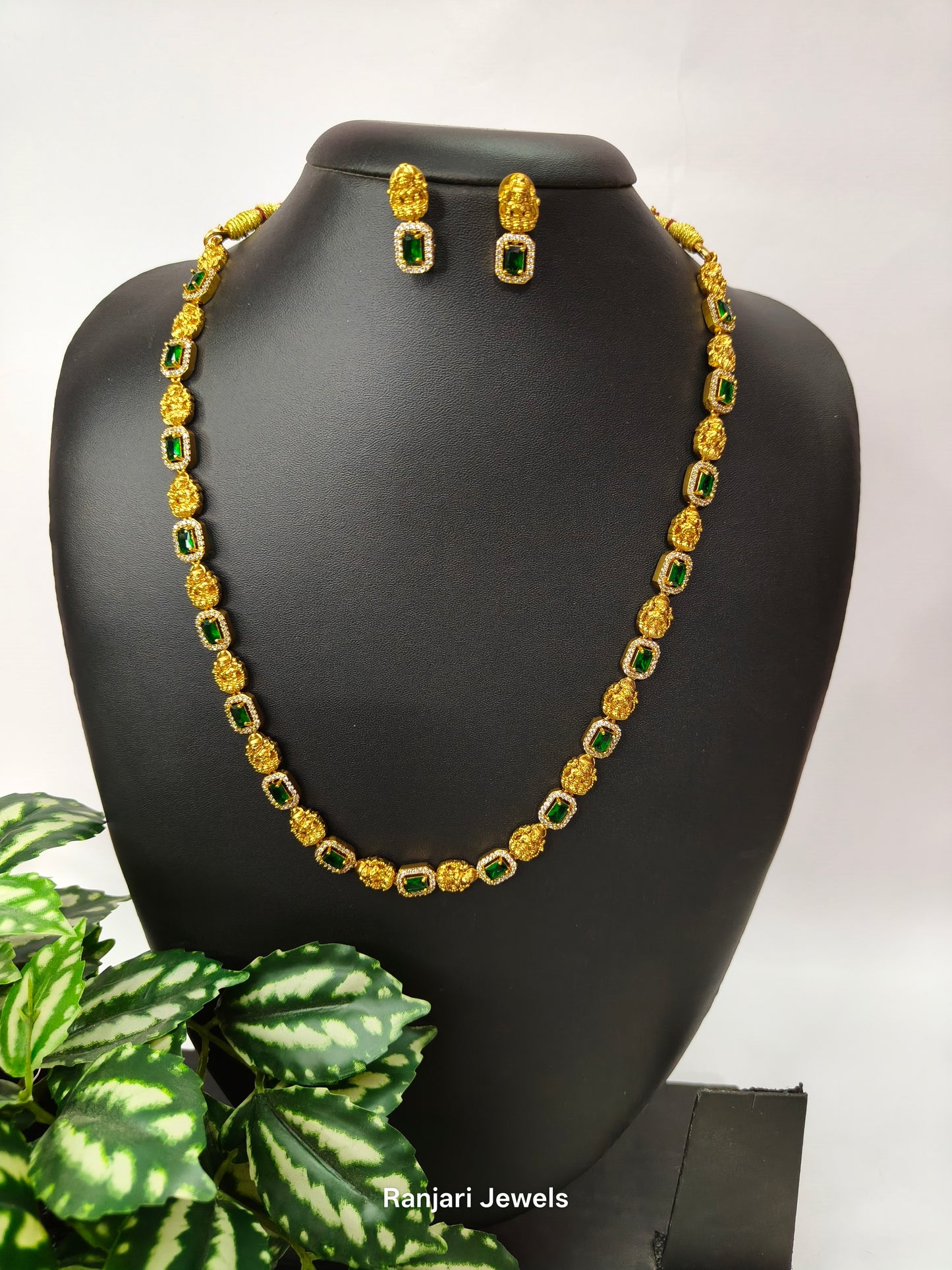 Dhevanya Antique Lakshmi AD Stone Necklace Set - Long