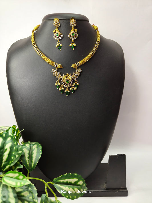 Thaarini – Royal Peacock AD Hasli Necklace Set (Green)