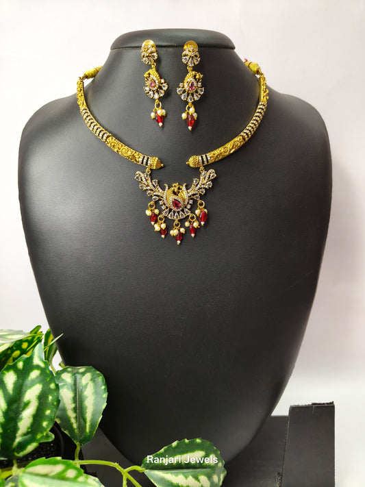 Thaarini – Royal Peacock AD Hasli Necklace Set (Red)