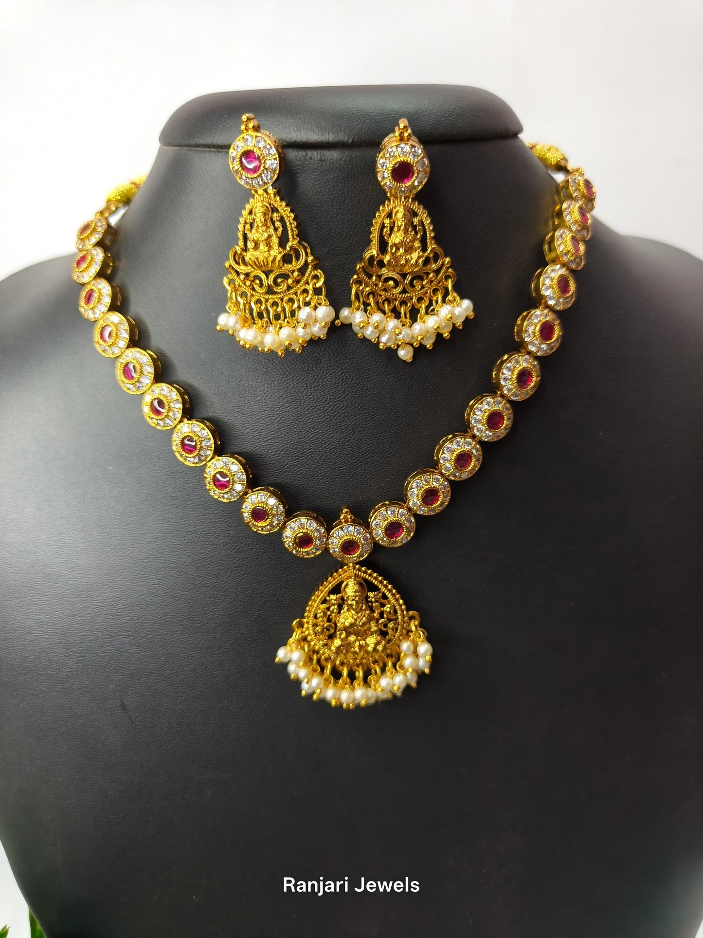 Oviya - AD Lakshmi Temple Necklace Set (Pink)