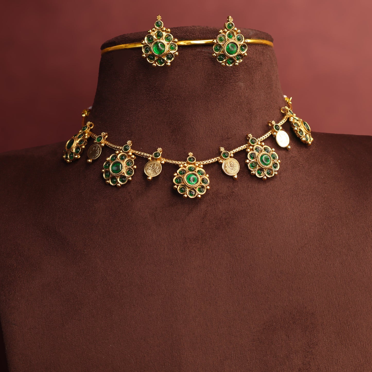 Ambika - Kemp Floral coin Necklace Set (Green)