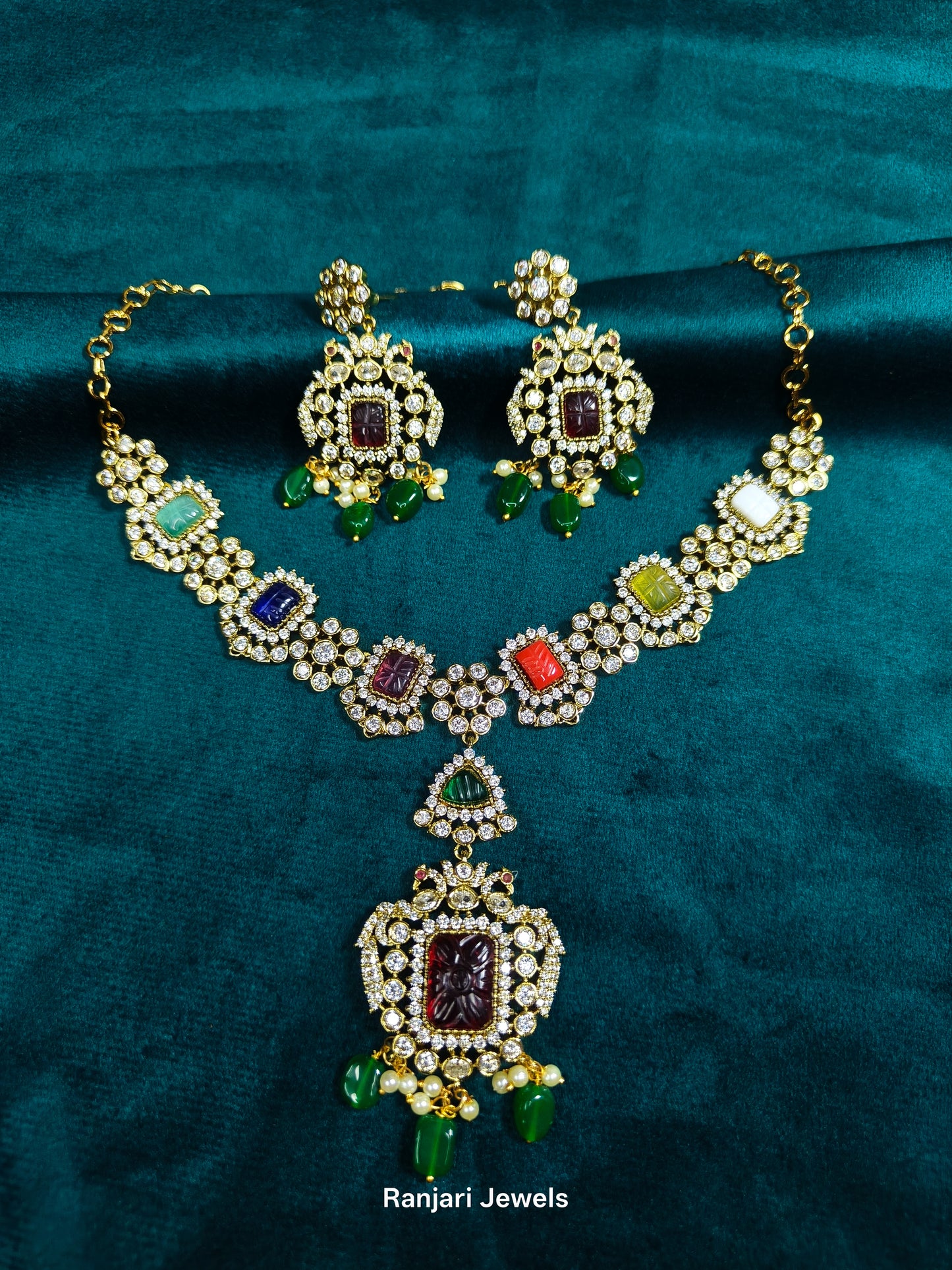 Aadhvika - Royal temple inspired AD stone necklace set(Green)