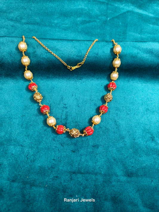 Mallika - Handmade Pumpkin Coral & Pearl Necklace