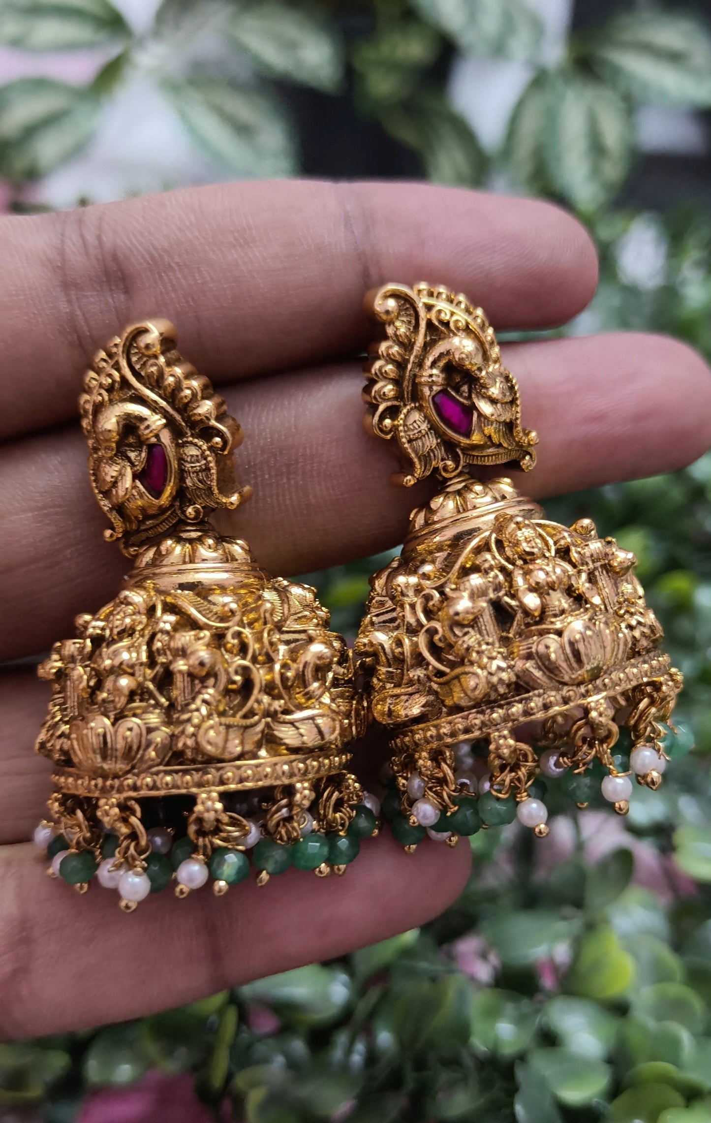 Premium 3D Jadau stone Nakshi Kooda Jhumka - Green
