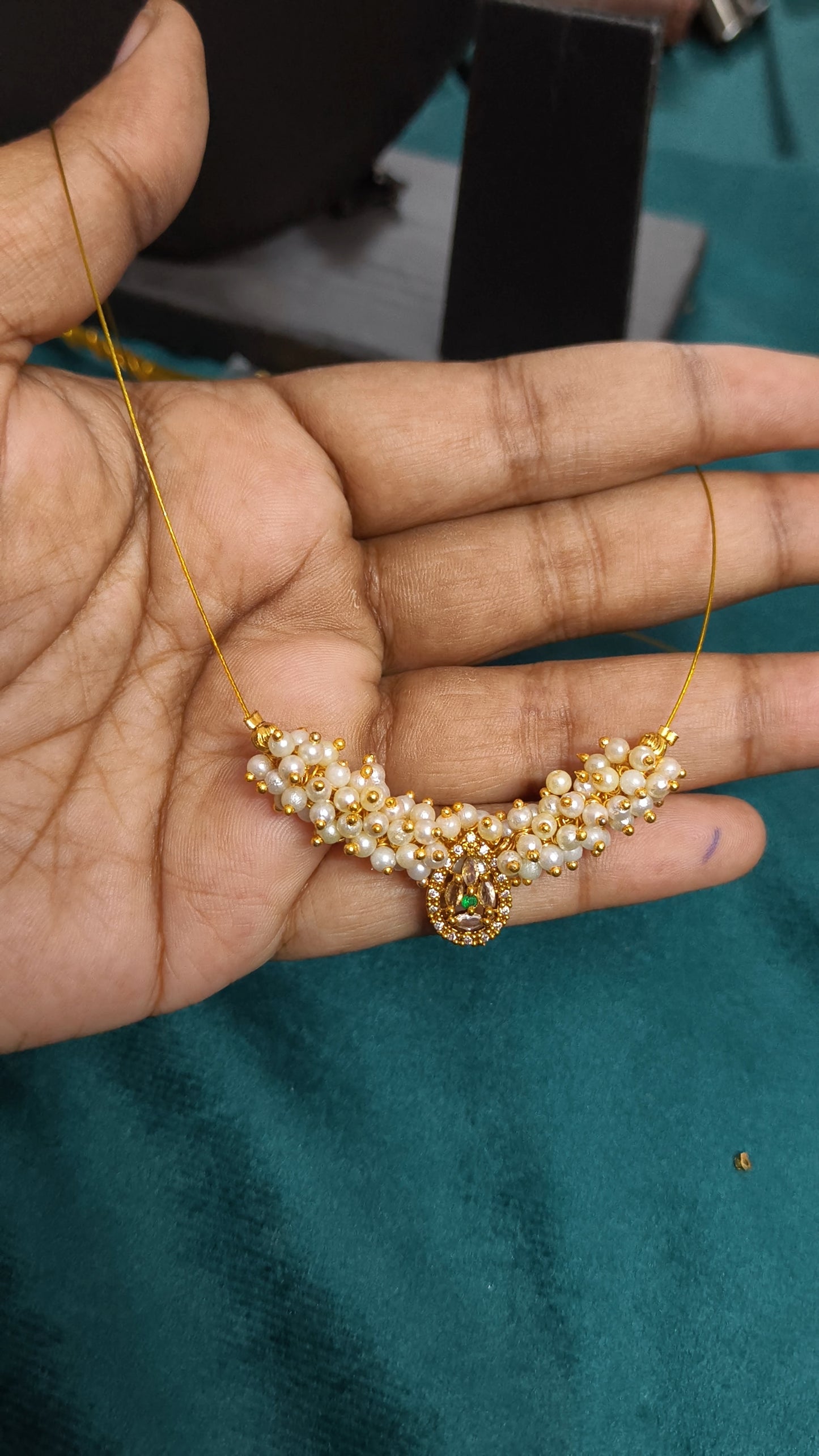 Mallika - AD cluster with AD pendant invisible chain (Handmade) Green