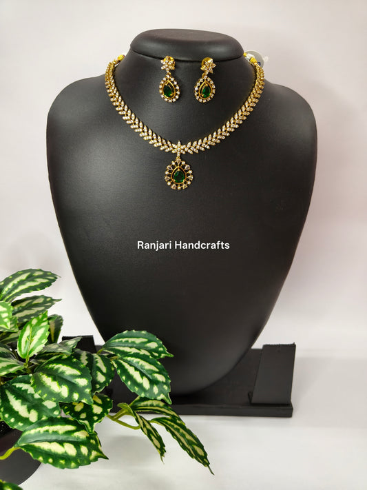 Leafy Diamond Replica with Emerald Pendant Necklace Set