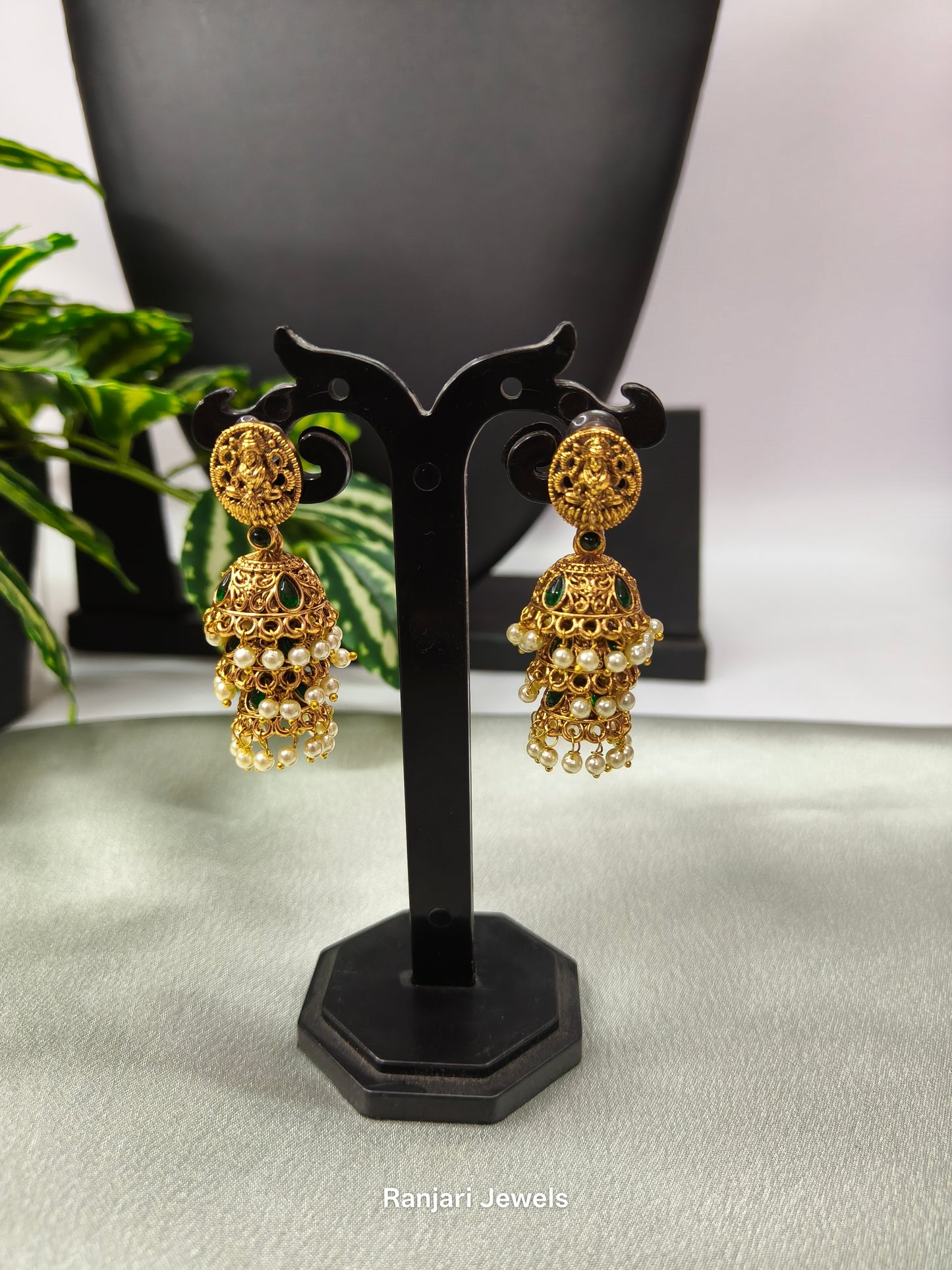 Bhavya – Antique Gold Lakshmi Layered Jhumka Earrings with Pearls