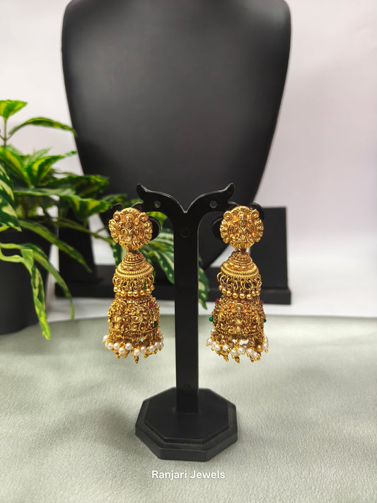 Mahitha – Antique Gold Lakshmi Kemp Jhumka Earrings with Pearls