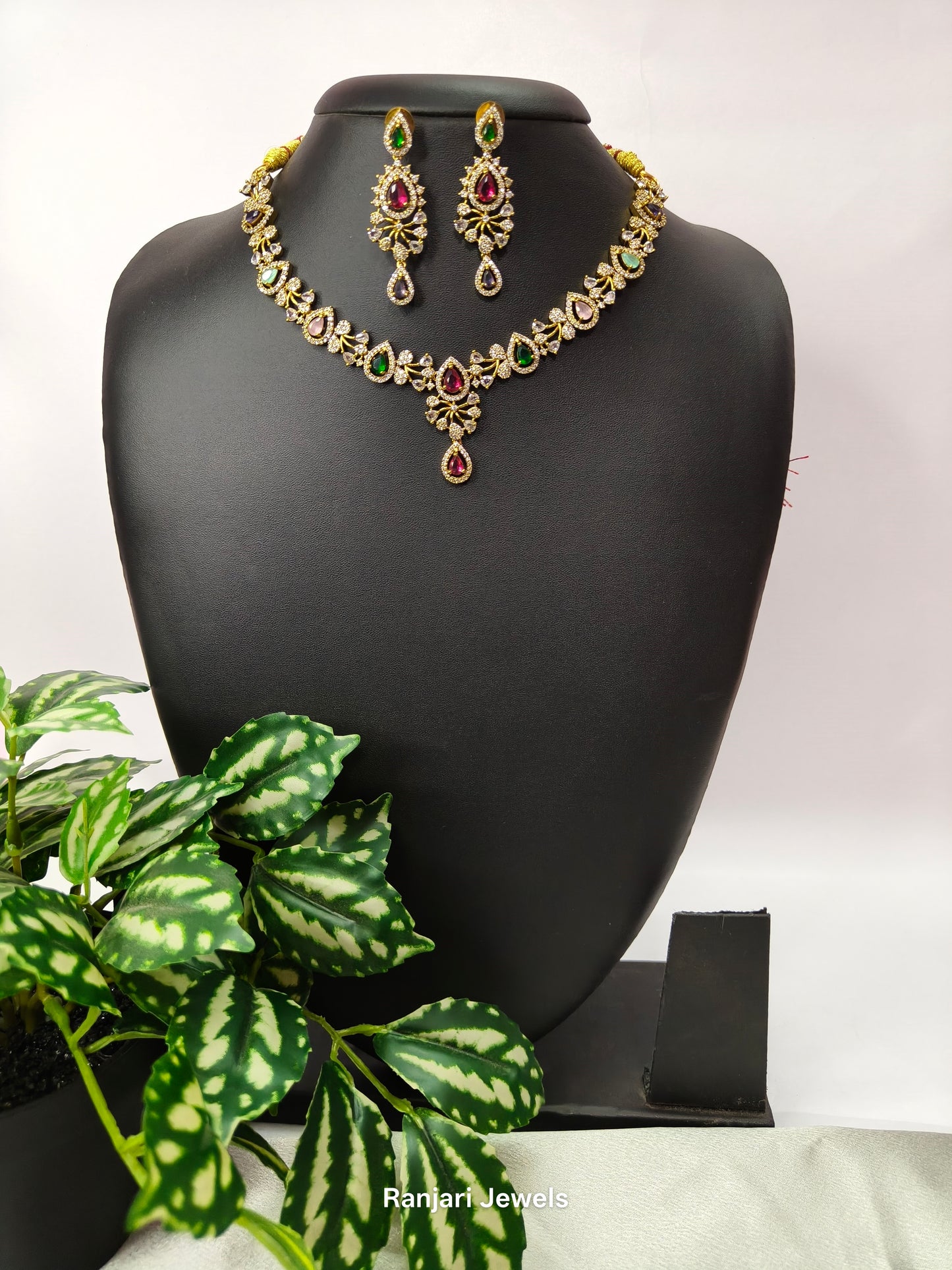 Emerald Ruby Drop AD Stone Necklace Set