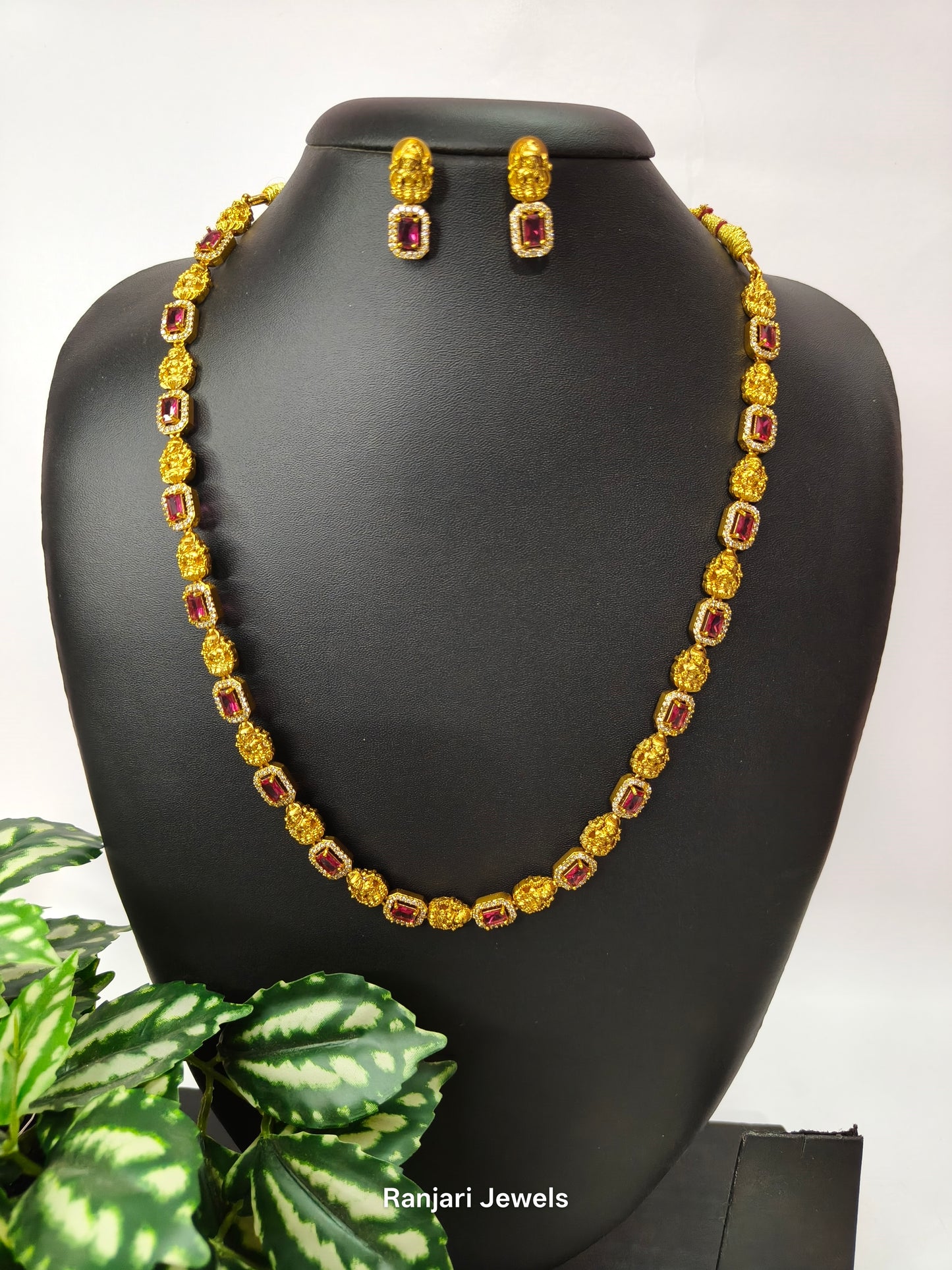 Dhevanya Antique Lakshmi AD Stone Necklace Set - Long