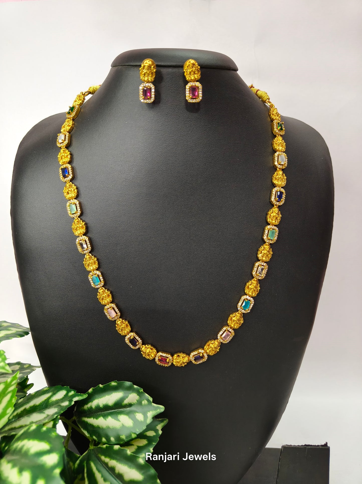Dhevanya Antique Lakshmi AD Stone Necklace Set - Long