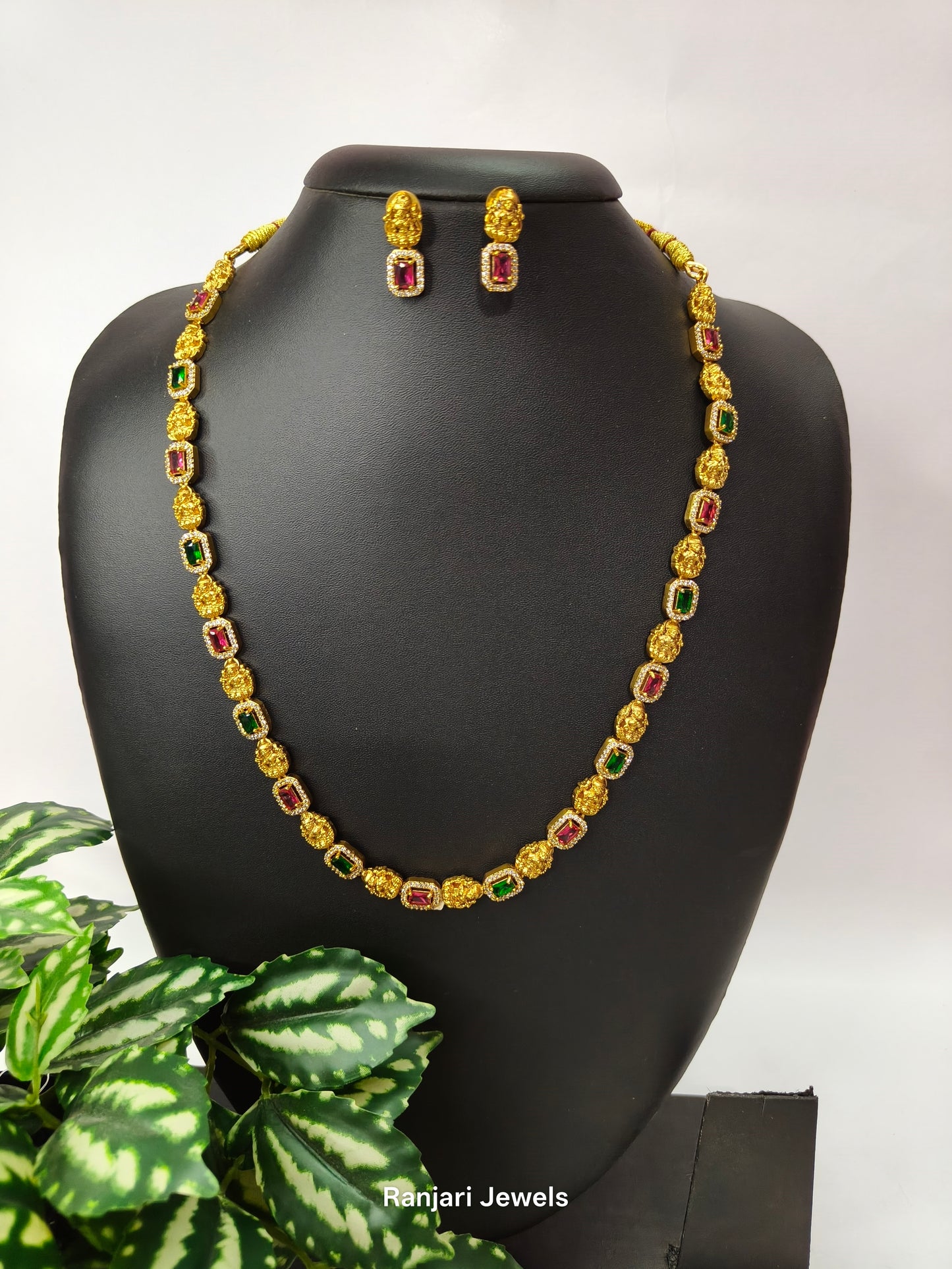 Dhevanya Antique Lakshmi AD Stone Necklace Set - Long