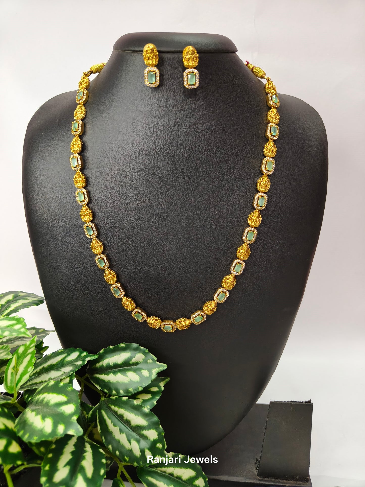 Dhevanya Antique Lakshmi AD Stone Necklace Set - Long