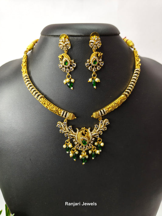Thaarini – Royal Peacock AD Hasli Necklace Set (Green)