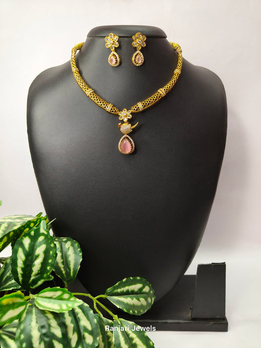 Pranika – Annam AD Necklace Set (Light Pink)