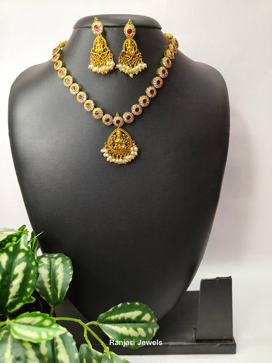 Oviya - AD Lakshmi Temple Necklace Set (Pink)