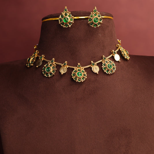 Ambika - Kemp Floral coin Necklace Set (Green)