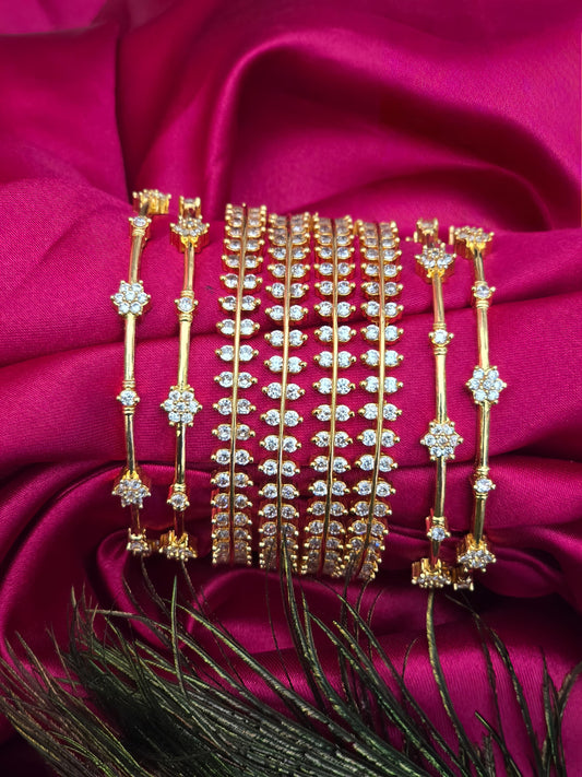 Ayali - Floral and 2 stone line Diamond replica Bangle (Set of 8)