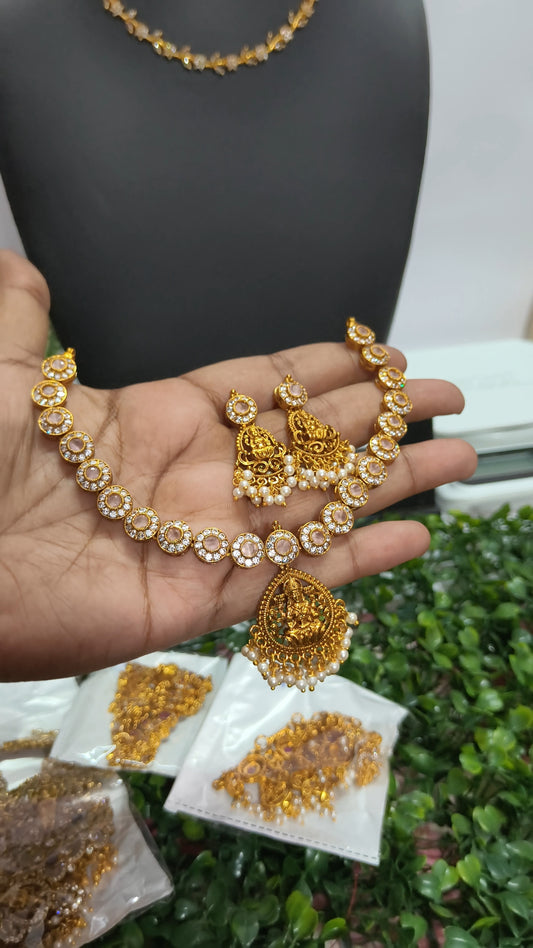 Oviya - AD Lakshmi Temple Necklace Set (Light Pink)
