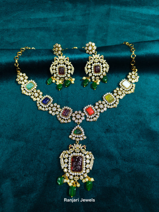 Aadhvika - Royal temple inspired AD stone necklace set(Green)