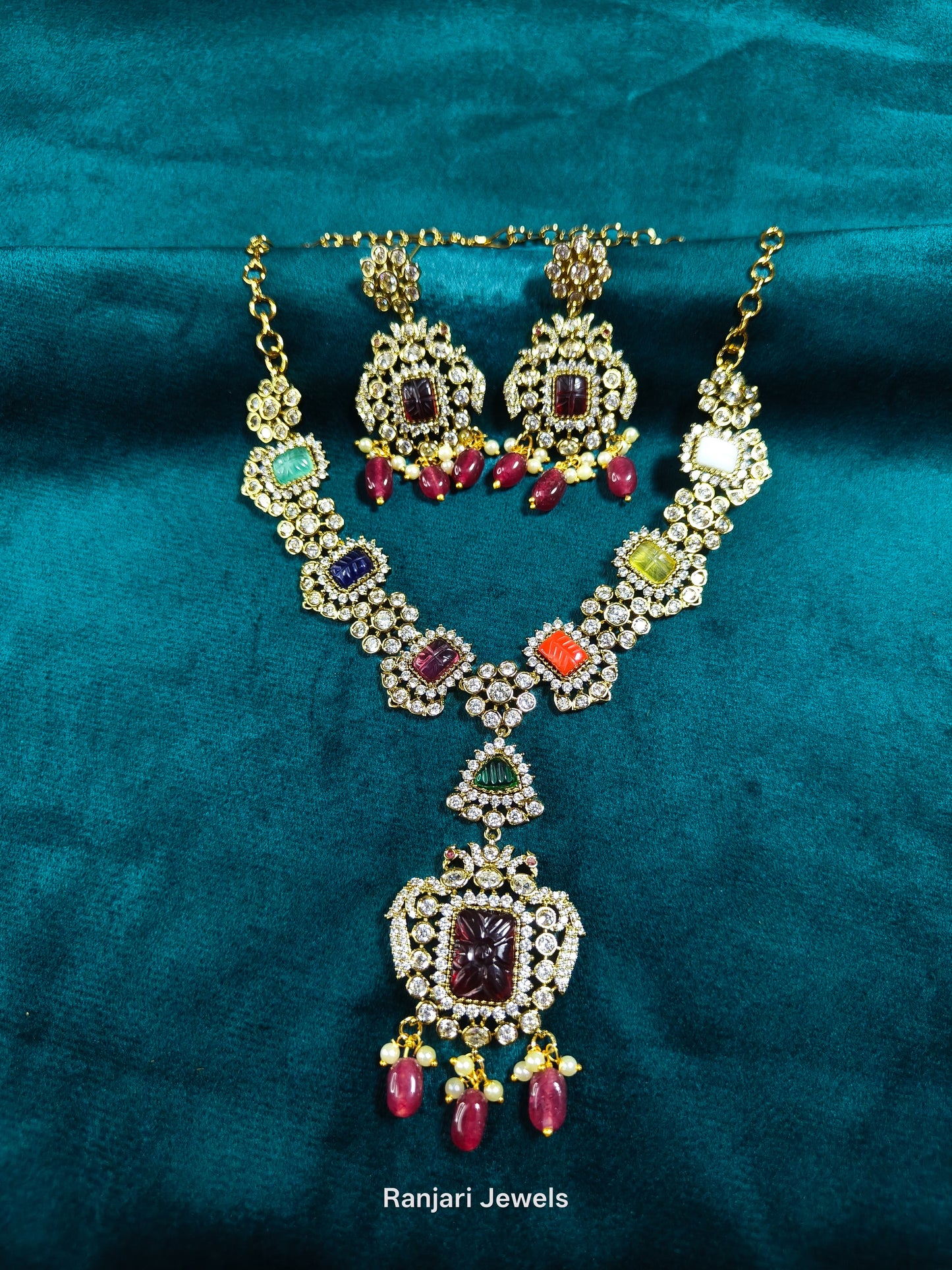 Aadhvika - Royal temple inspired AD stone necklace set(Red)