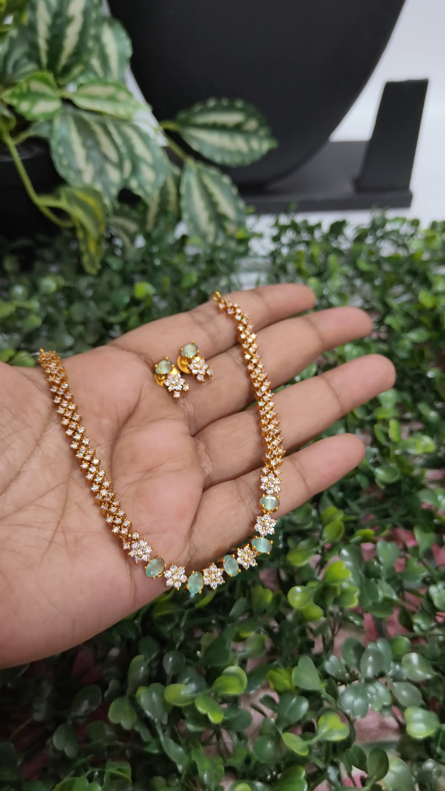 Aaravi - Diamond Replica Necklace Set (Mint Green)