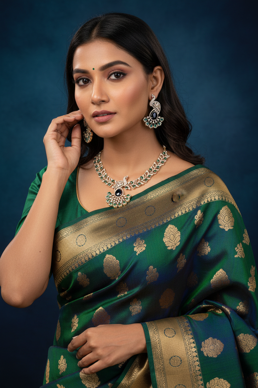 Poonguzhali - Peacock Emerald Green AD Necklace set