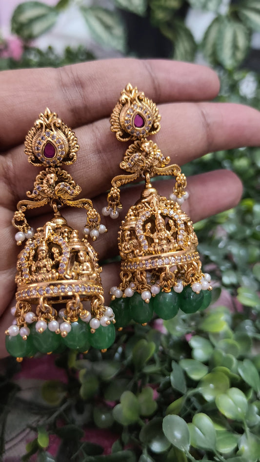 Premium 3D Lakhsmi Antique Temple Jhumka - Green
