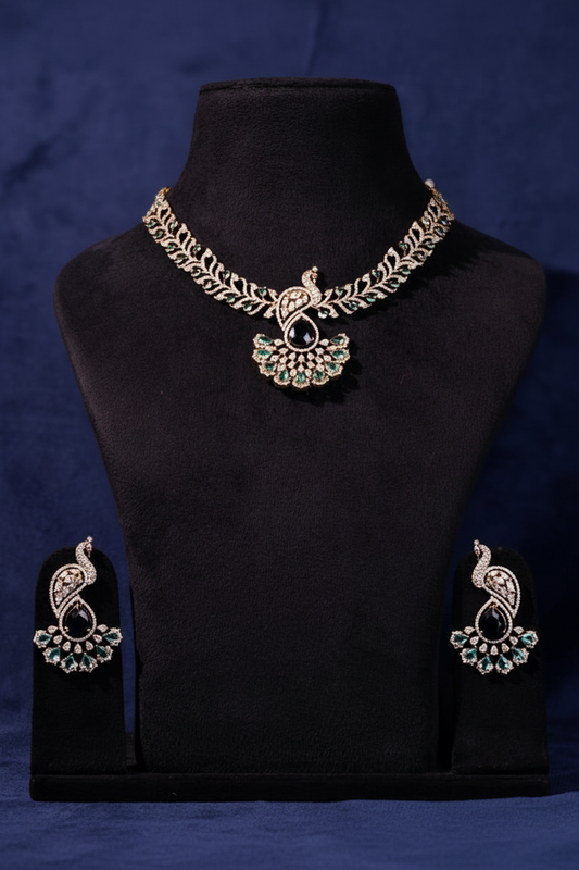 Poonguzhali - Peacock Emerald Green AD Necklace set