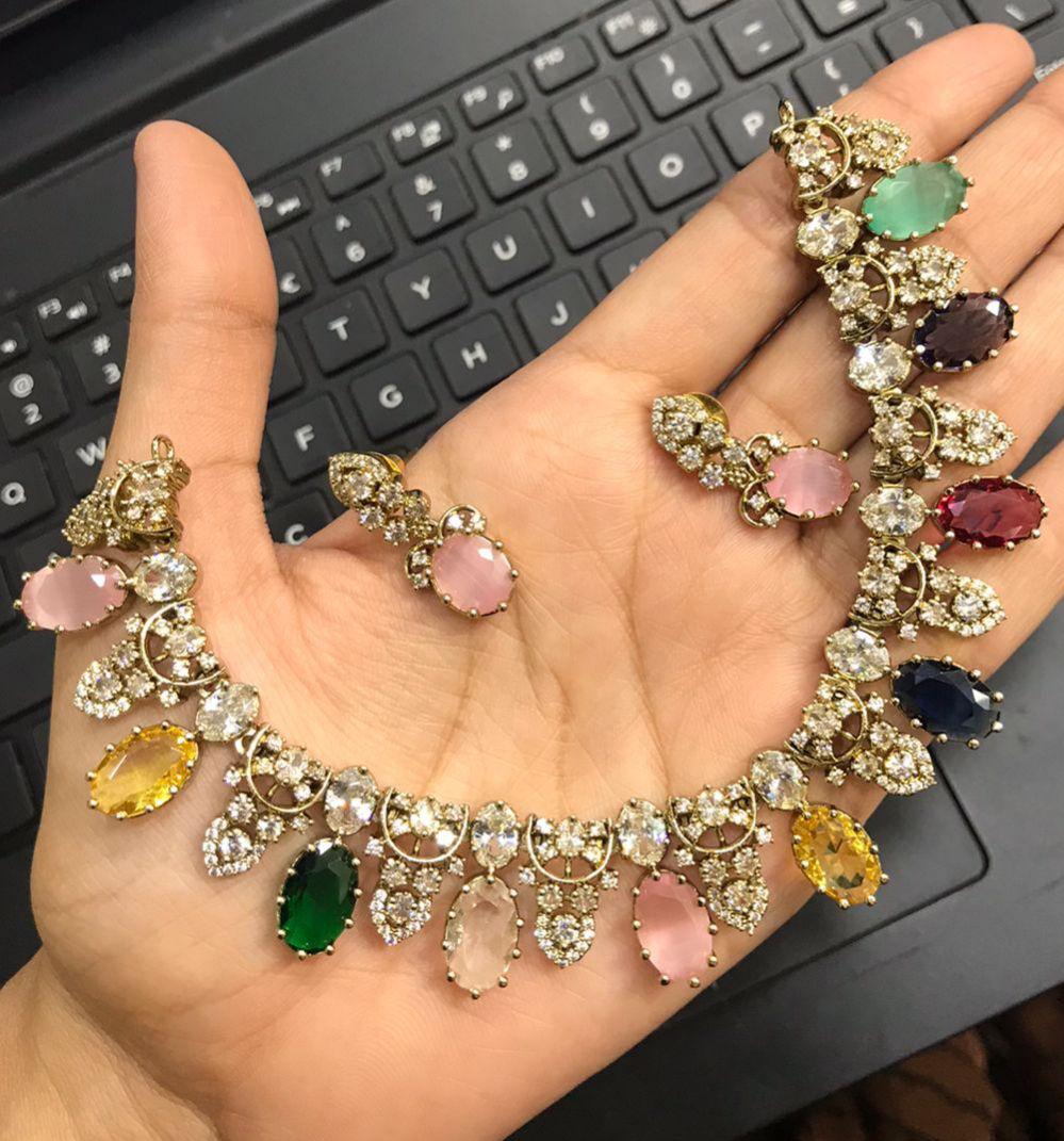 Losliya - Multi Colour Victorian inspired AD Necklace set