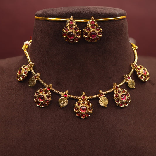 Ambika - Kemp Floral coin Necklace Set (Pink)