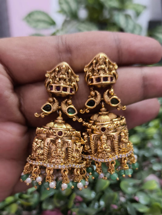 Premium 3D Lakhsmi Antique Temple Jhumka - Gold