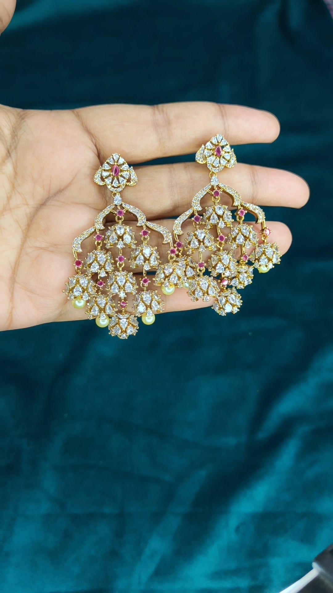 Premium uncut diamond statement earrings(Pink)