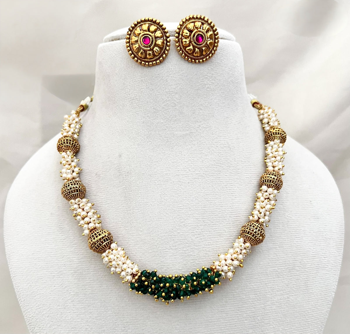 Malar - Pearl & Green Bead Necklace Set