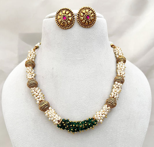 Malar - Pearl & Green Bead Necklace Set