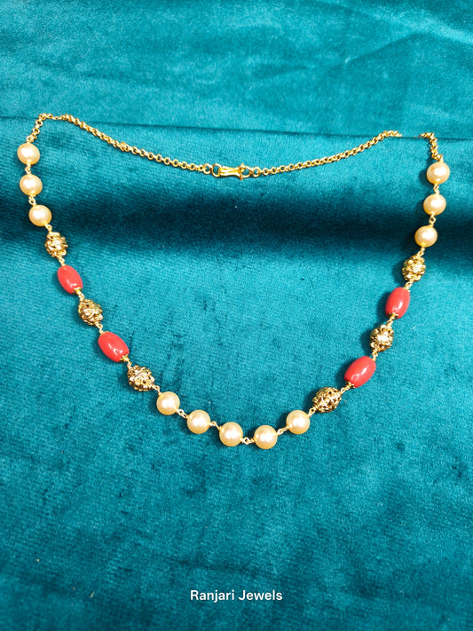 Mallika - Handmade Drum Coral & Pearl Necklace
