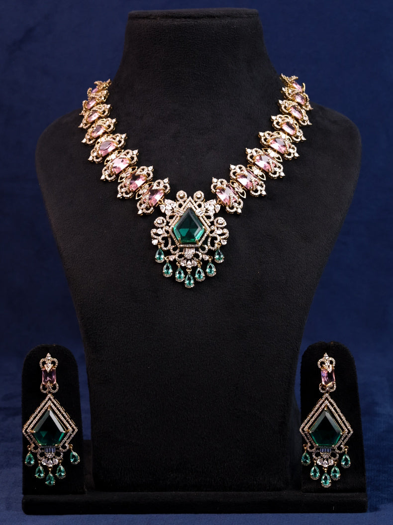 Samuthra - Premium Pastel Pink and Sea Green AD Necklace set