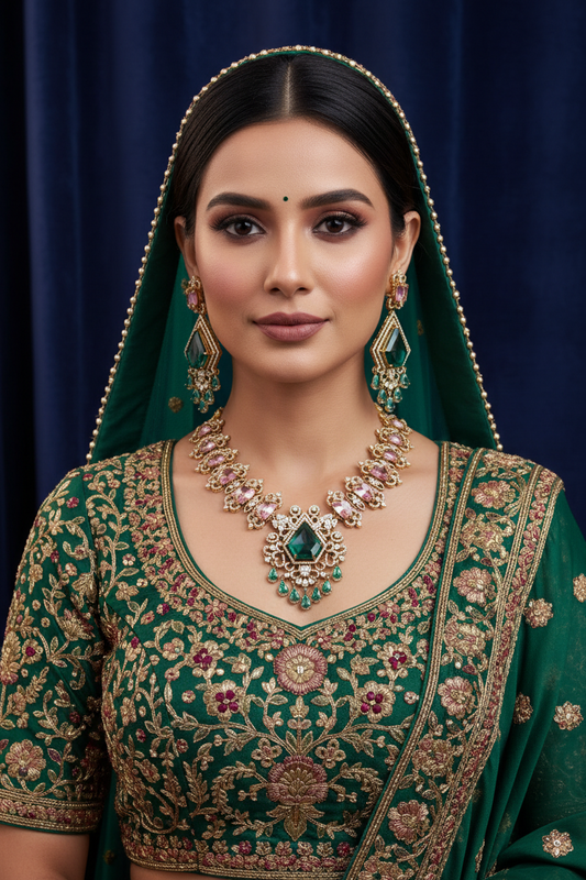 Samuthra - Premium Pastel Pink and Sea Green AD Necklace set