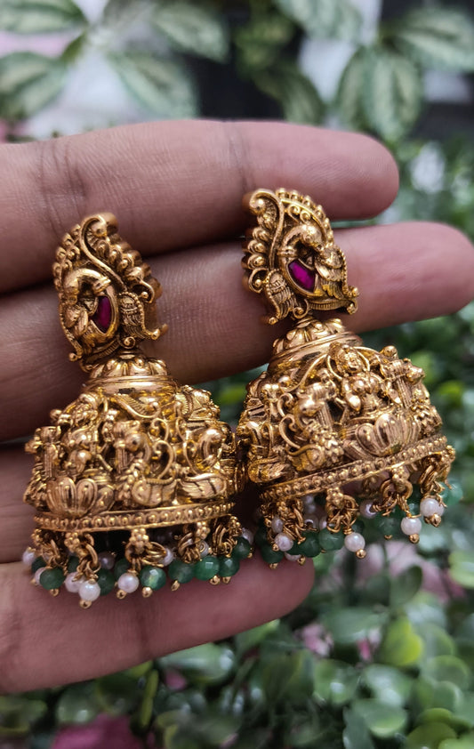 Premium 3D Jadau stone Nakshi Kooda Jhumka - Green