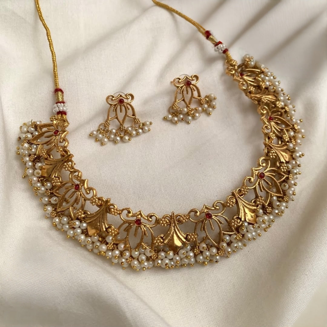 Malar - Pearl Cluster Floral Necklace Set