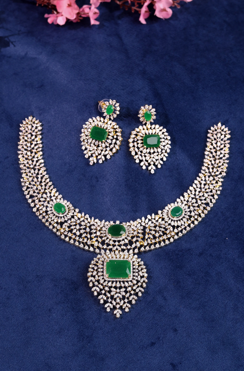 Venmathi – Diamond Replica Neckpiece Set - Emerald