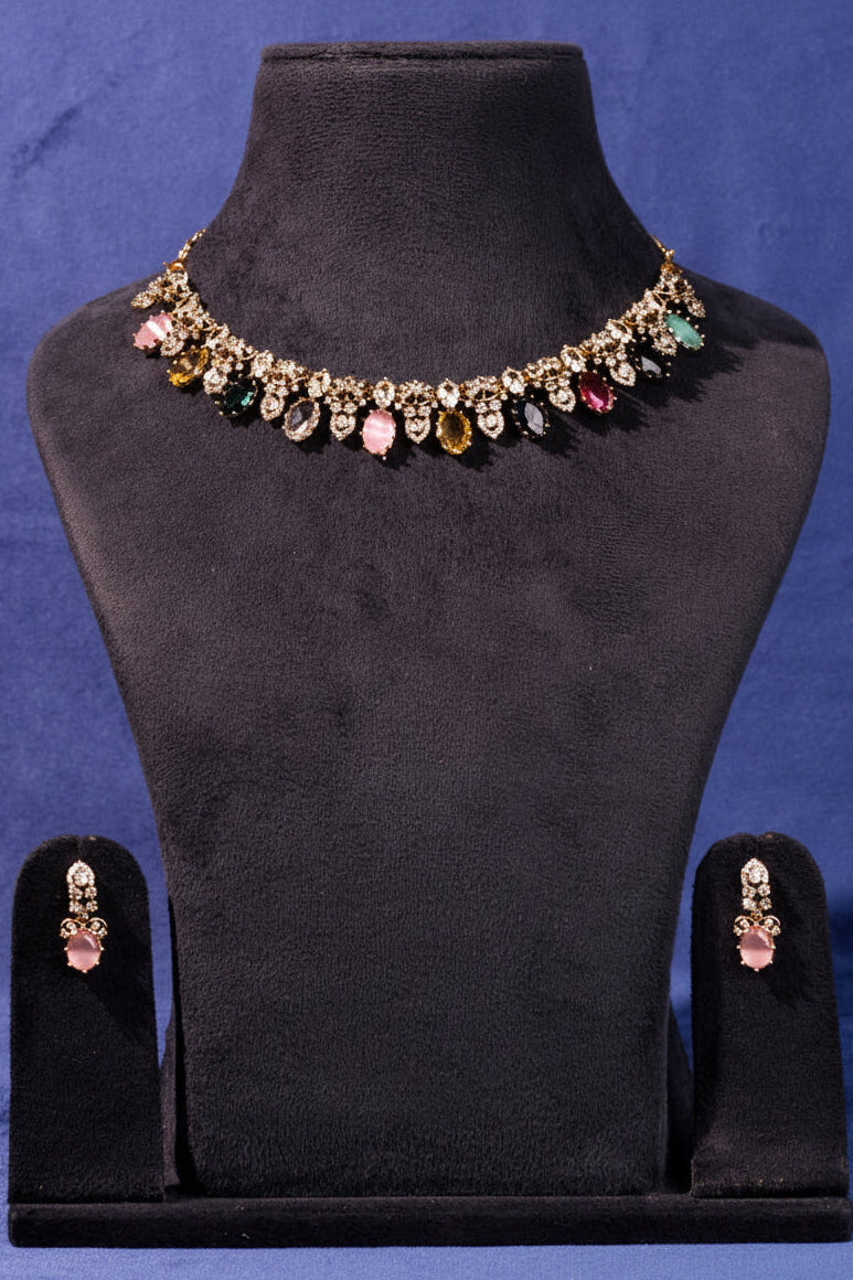 Losliya - Multi Colour Victorian inspired AD Necklace set